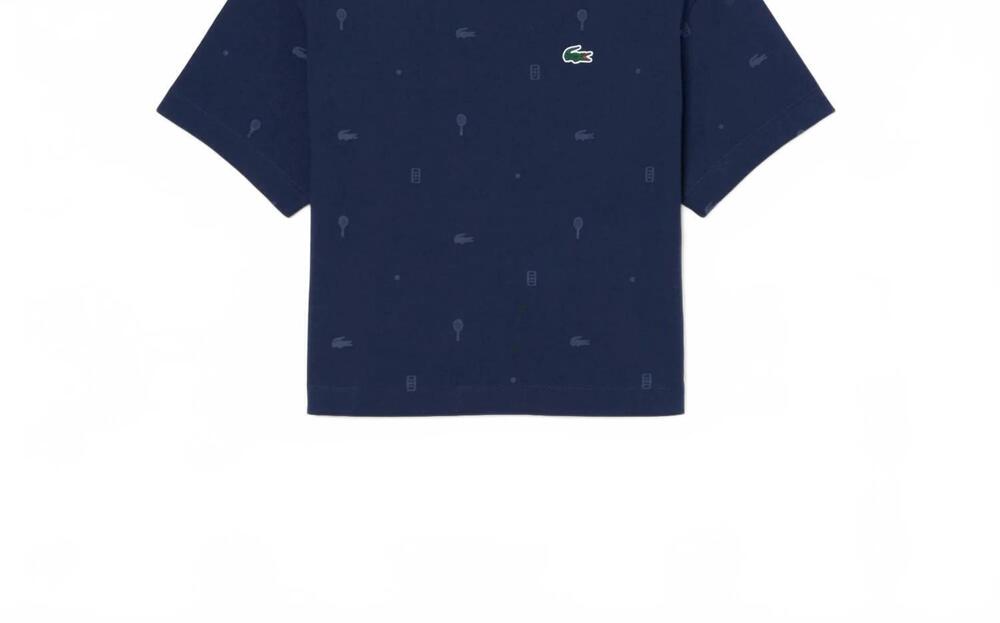 NEW LACOSTE cropped allover print tee in navy - Picture 3 of 4